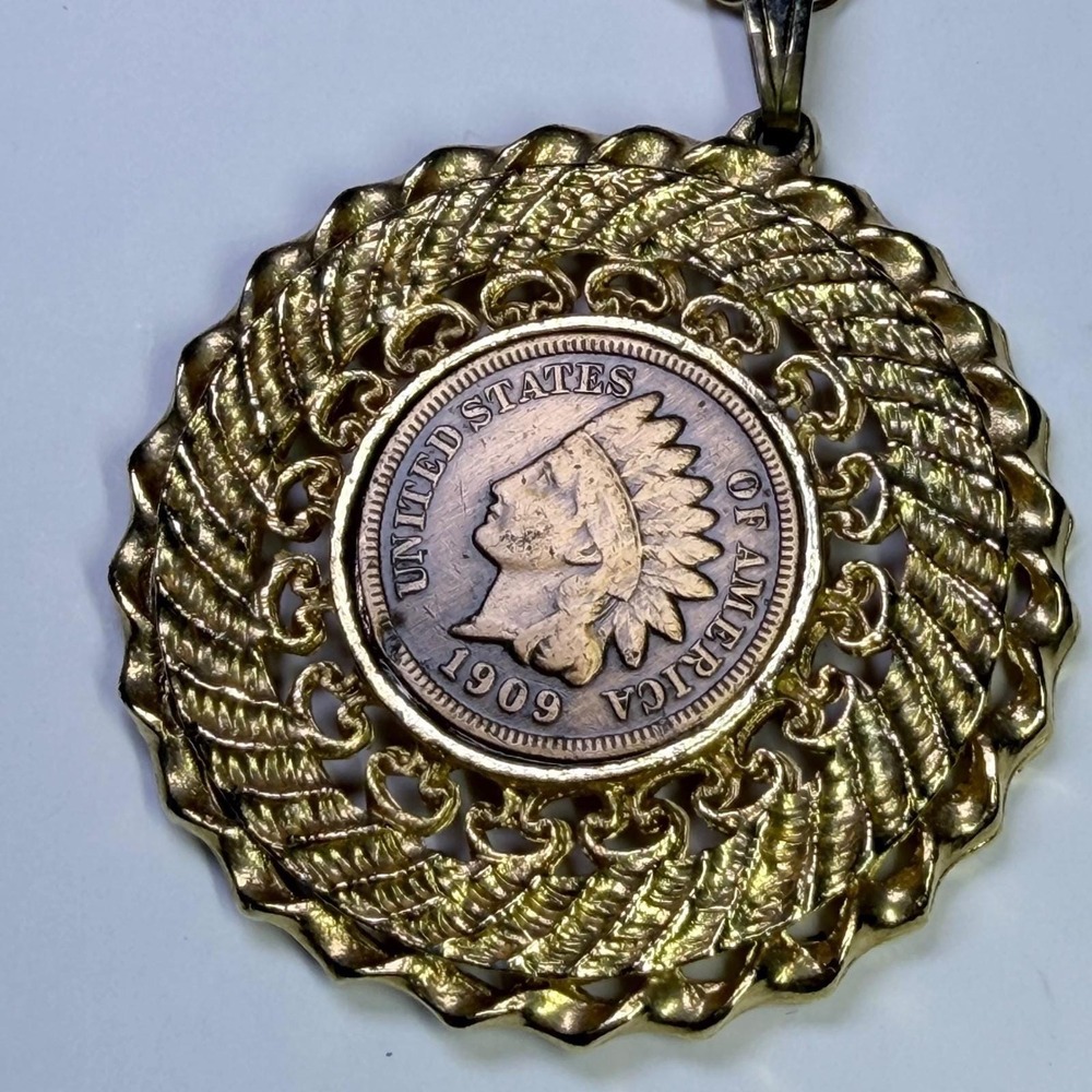 Vintage 1909 Indian Head Penny Coin Pendant Gold Tone Rope Chain Necklace 24in